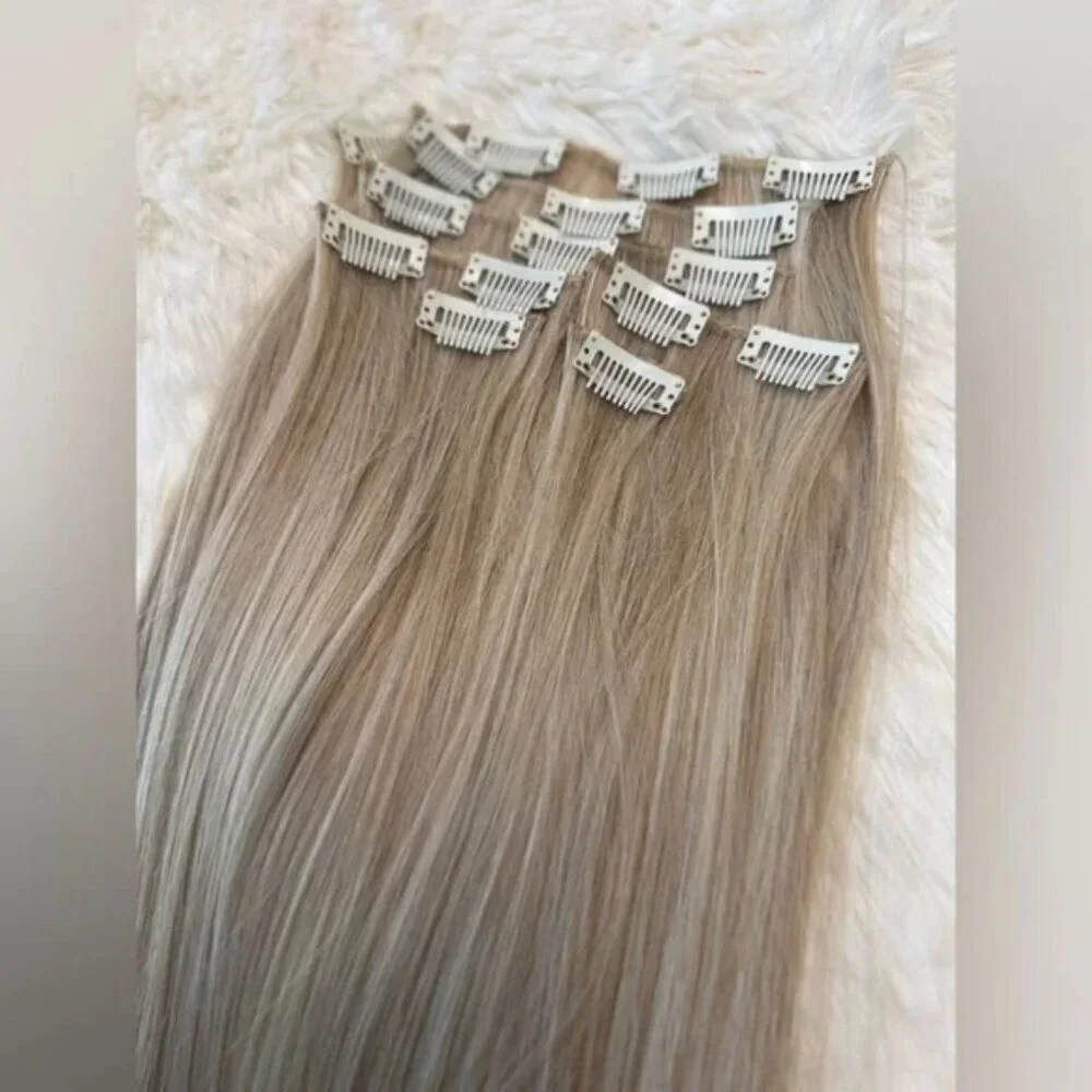 Human hair blend Extra Light Ash Blonde with highlights hair extensions